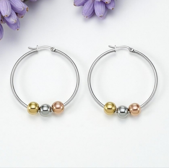 ποΈ 18K Gold Plated Stainless Steel Tri-Color Beaded Hoop Earrings Trendy Chic - Picture 6 of 9